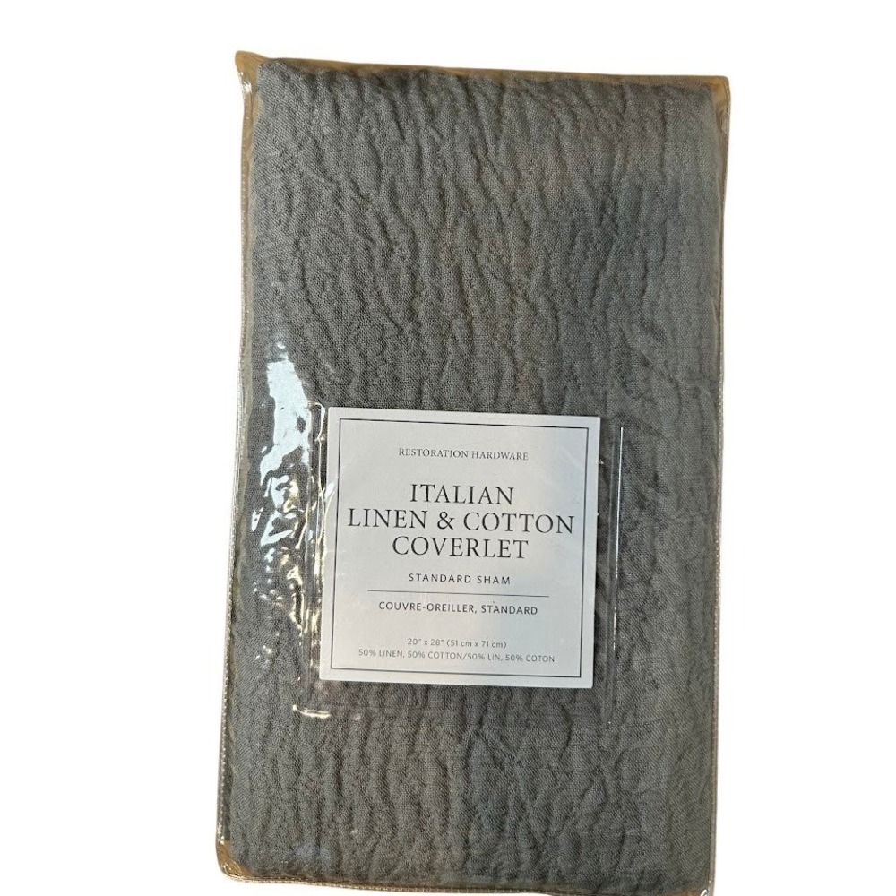 Restoration Hardware Italian Linen Cotton Coverlet Standard Sham Fog Grey NEW‎